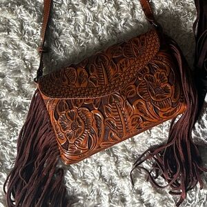 Brown Floral Embossed Leather Fringe Bag